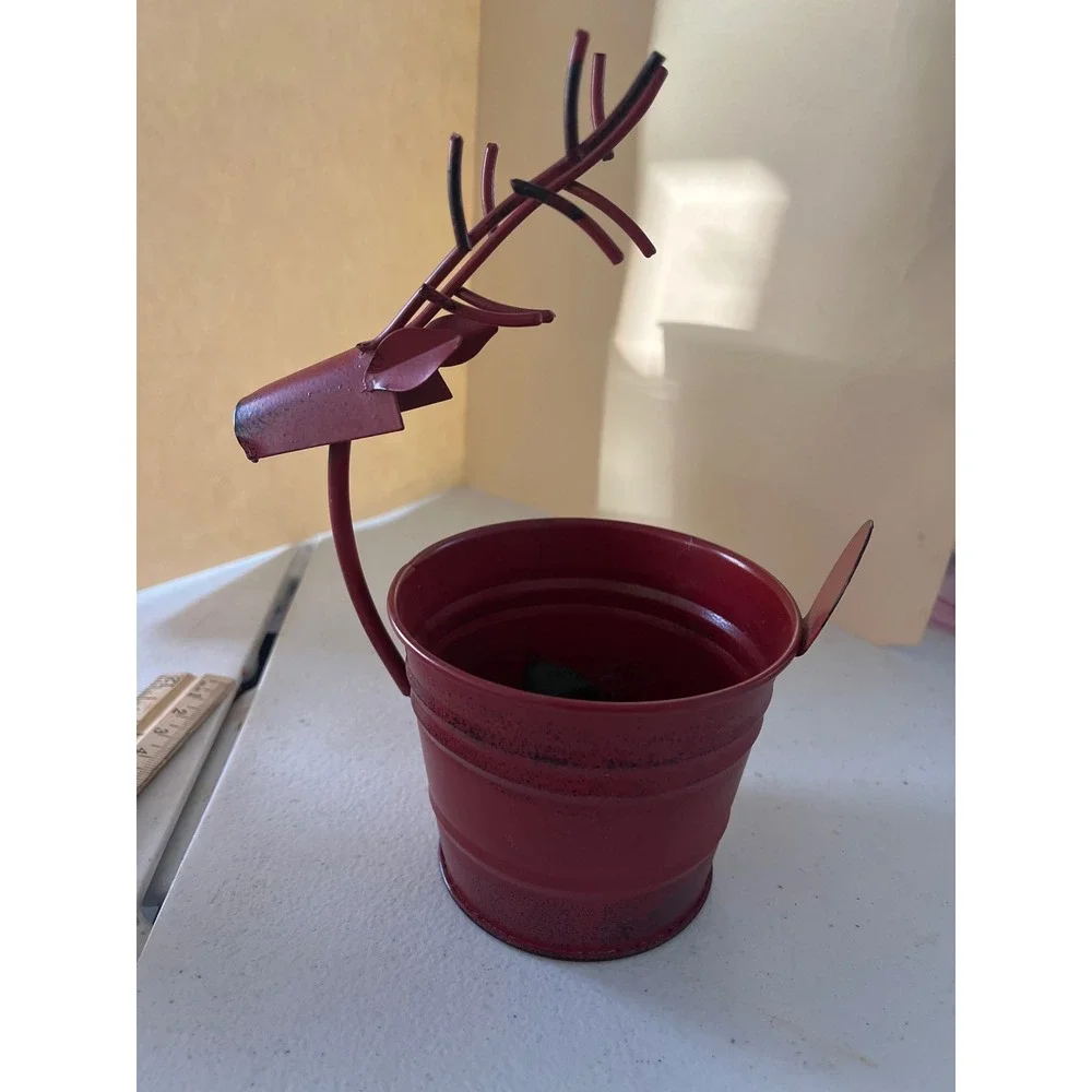 Rustic Red Metal Reindeer Bucket Christmas Holiday Decor Planter Centerpiece